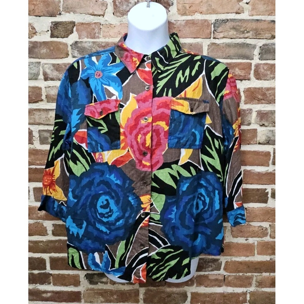 Chicos‎ Womens Shirt 100% Linen Button Up Jacket Floral Colorful Size 3